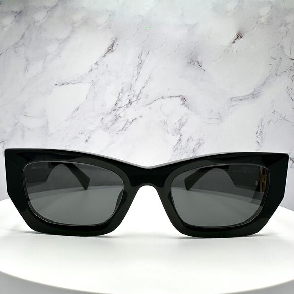 MIU MIU Sunglasses New Black Acetate Gold Metal Logo Square Cat Eye Authentic